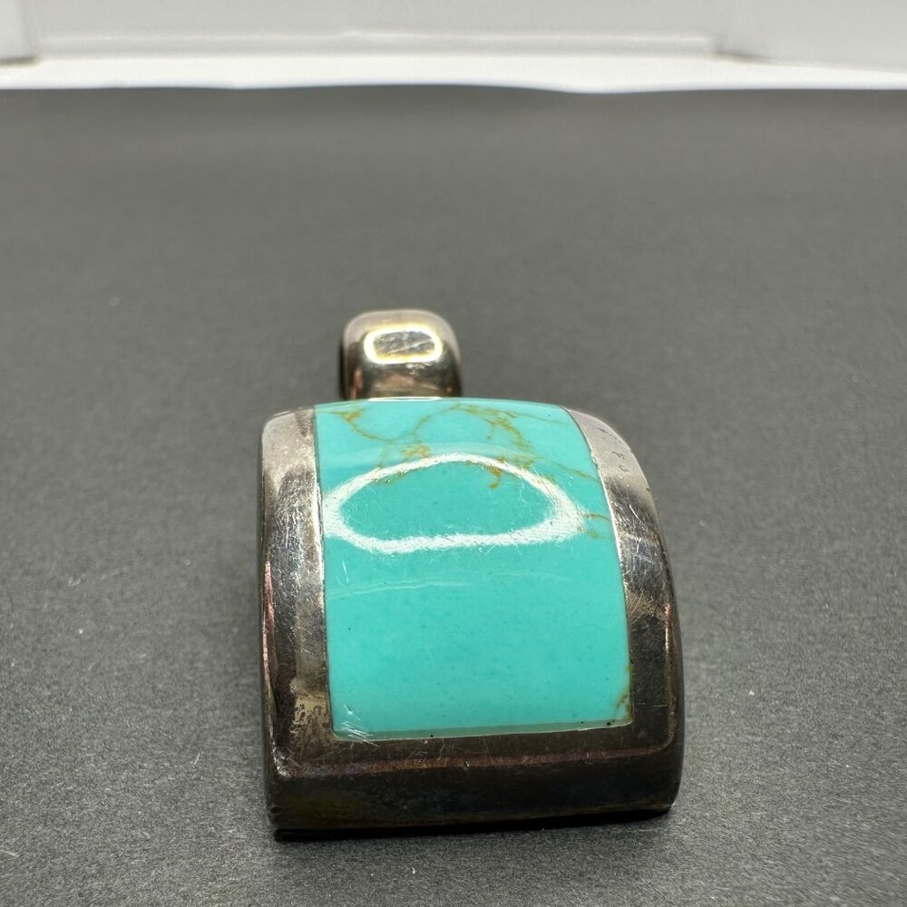 Sterling 925 Silver Turquoise Inlay Curved Necklace Pendant 16g Boho Southwest - Picture 6 of 9